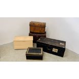 A GROUP OF FOUR VINTAGE TIN TRUNKS ALONG WITH A FURTHER WOODEN PAINTED EXAMPLE.