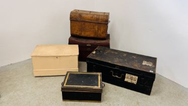 A GROUP OF FOUR VINTAGE TIN TRUNKS ALONG WITH A FURTHER WOODEN PAINTED EXAMPLE.