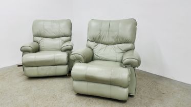 A PAIR OF GREEN LEATHER LAY"Z"EE BOY RECLINER EASY CHAIRS - SOLD AS SEEN.