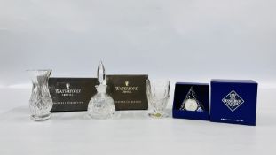 A WATERFORD CRYSTAL NOCTURNE VASE AND PERFUME BOTTLE IN ORIGINAL BOXES ALONG WITH A FURTHER