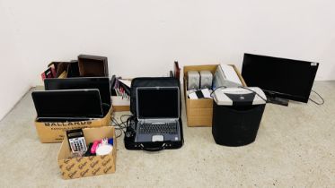 ASSORTED COMPUTER ACCESSORIES TO INCLUDE MONITORS, PAPER SHREDDER, DESK TIDIES, STATIONERY,