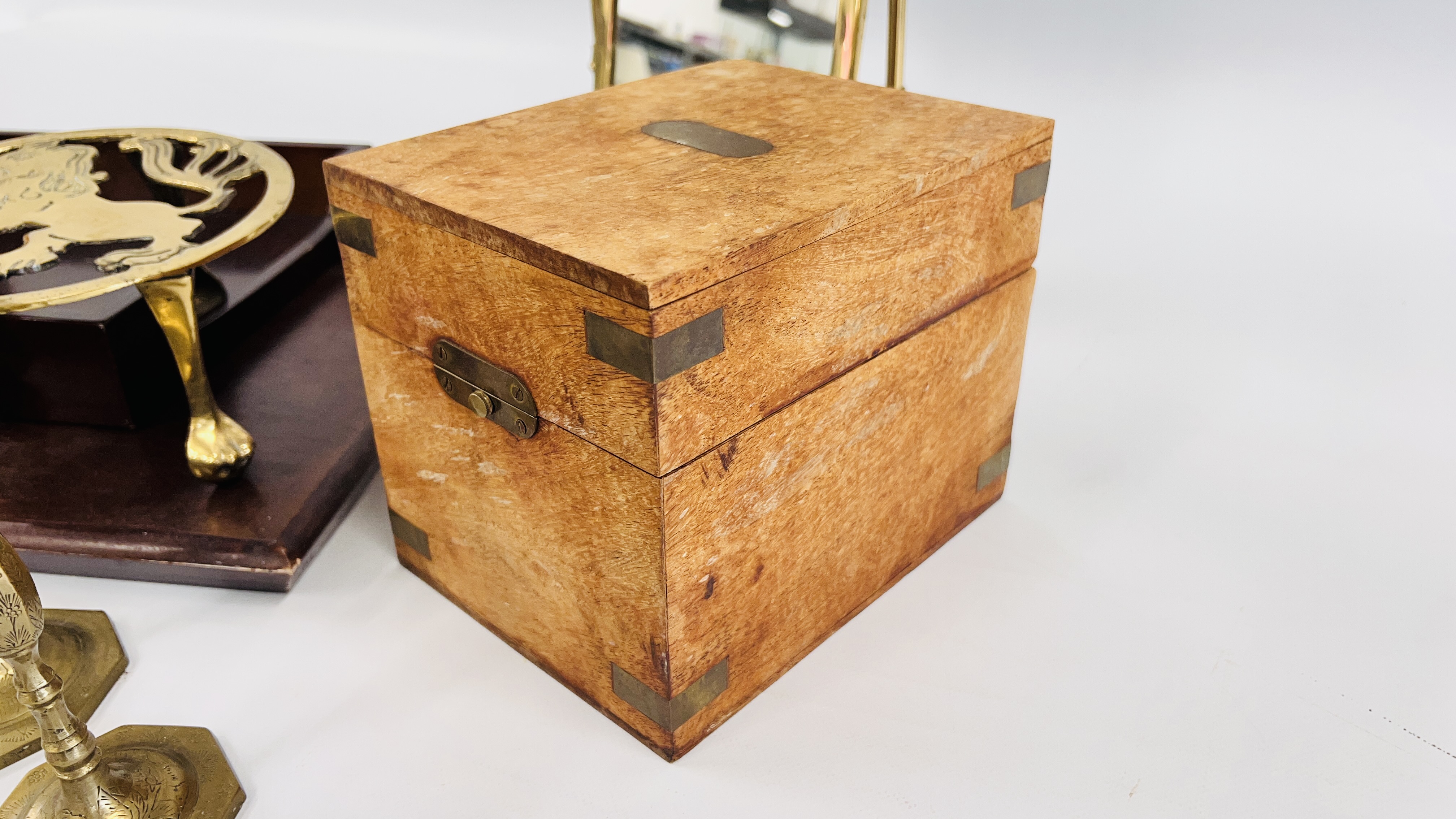 A VINTAGE BRASS DRESSING MIRROR, EASTERN HARD WOOD BOX, - Image 5 of 11