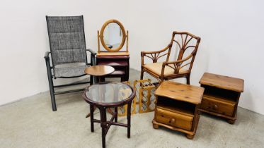A GROUP OF FURNITURE TO INCLUDE WINE TABLE, CANE OCCASIONAL TABLE AND CHAIR,
