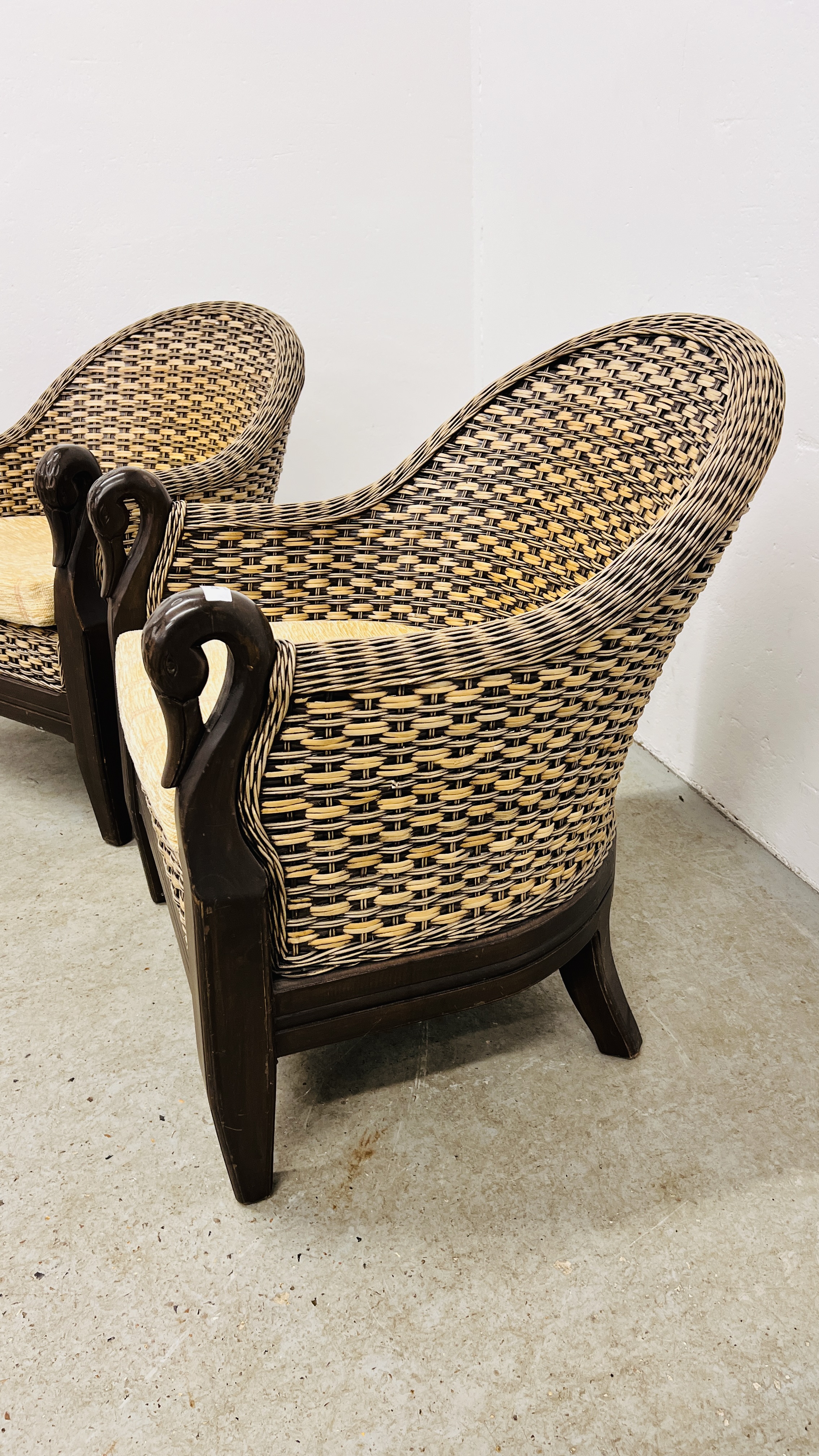 A PAIR OF WOVEN WICKER CONSERVATORY CHAIRS, THE SCROLLED ARMS WITH CARVED SWAN DETAIL, - Image 2 of 7