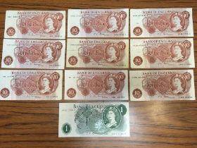 BANKNOTES: BANK OF ENGLAND TEN SHILLINGS FFORDE (5), HOLLOM (4), PLUS ONE POUND FFORDE,