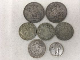 COINS: GB CROWNS 1887 AND 1890, PLUS A FEW OTHER SILVER COINS (7 COINS).