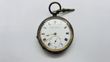 AN ANTIQUE SILVER CASED POCKET WATCH AND KEY, THE ENAMELED DIAL MARKED "ACME LEVER" H.