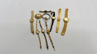 A GROUP OF 8 LADIES MODERN AND VINTAGE GOLD TONE WRIST WATCHES TO INCLUDE EXAMPLES MARKED PRESTIGE,