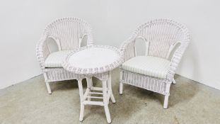 A PAIR OF WHITE PAINTED WICKER TUB CHAIRS WITH CUSHION SEATS AND MATCHING OCCASIONAL TABLE.