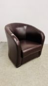 A MODERN BROWN FAUX LEATHER TUB CHAIR.