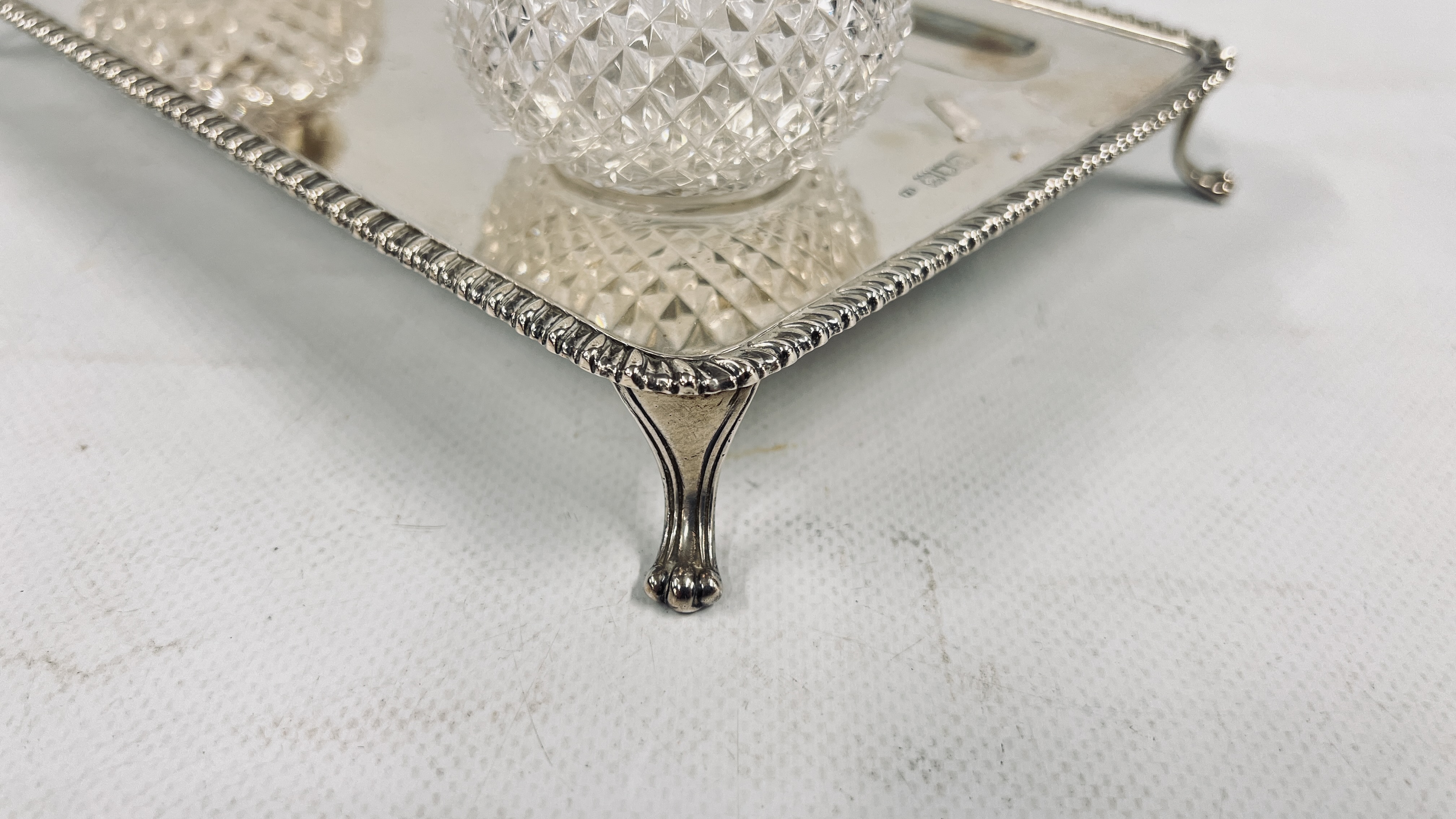 AN ANTQUE SILVER DOUBLE INK STAND RETAINING THE ORIGINAL HOBNAIL GLASS SILVER TOP INKWELLS, - Image 17 of 19
