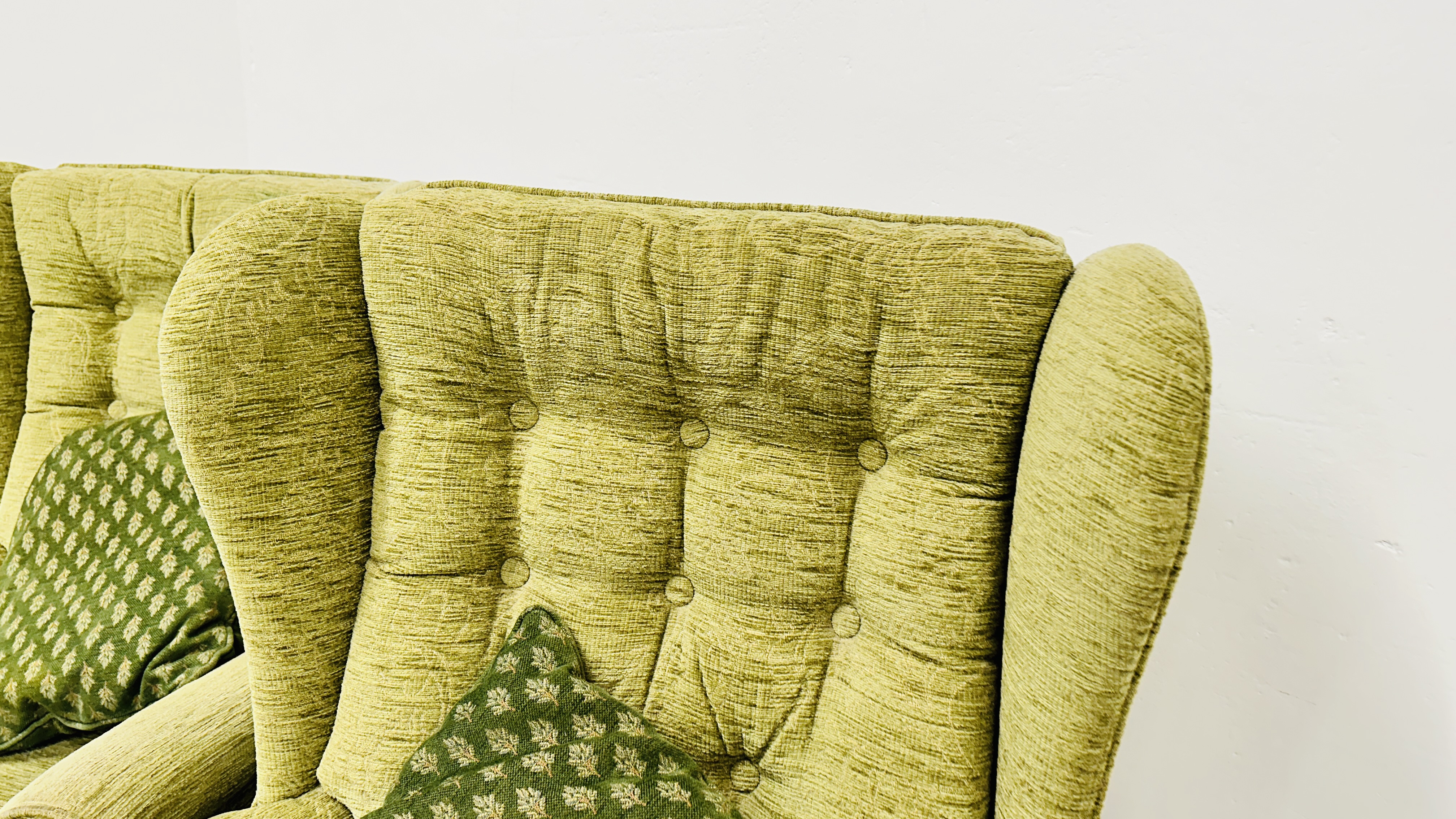 A PAIR OF SHERBORNE GREEN UPHOLSTERED WINGED EASY CHAIRS. - Image 6 of 10