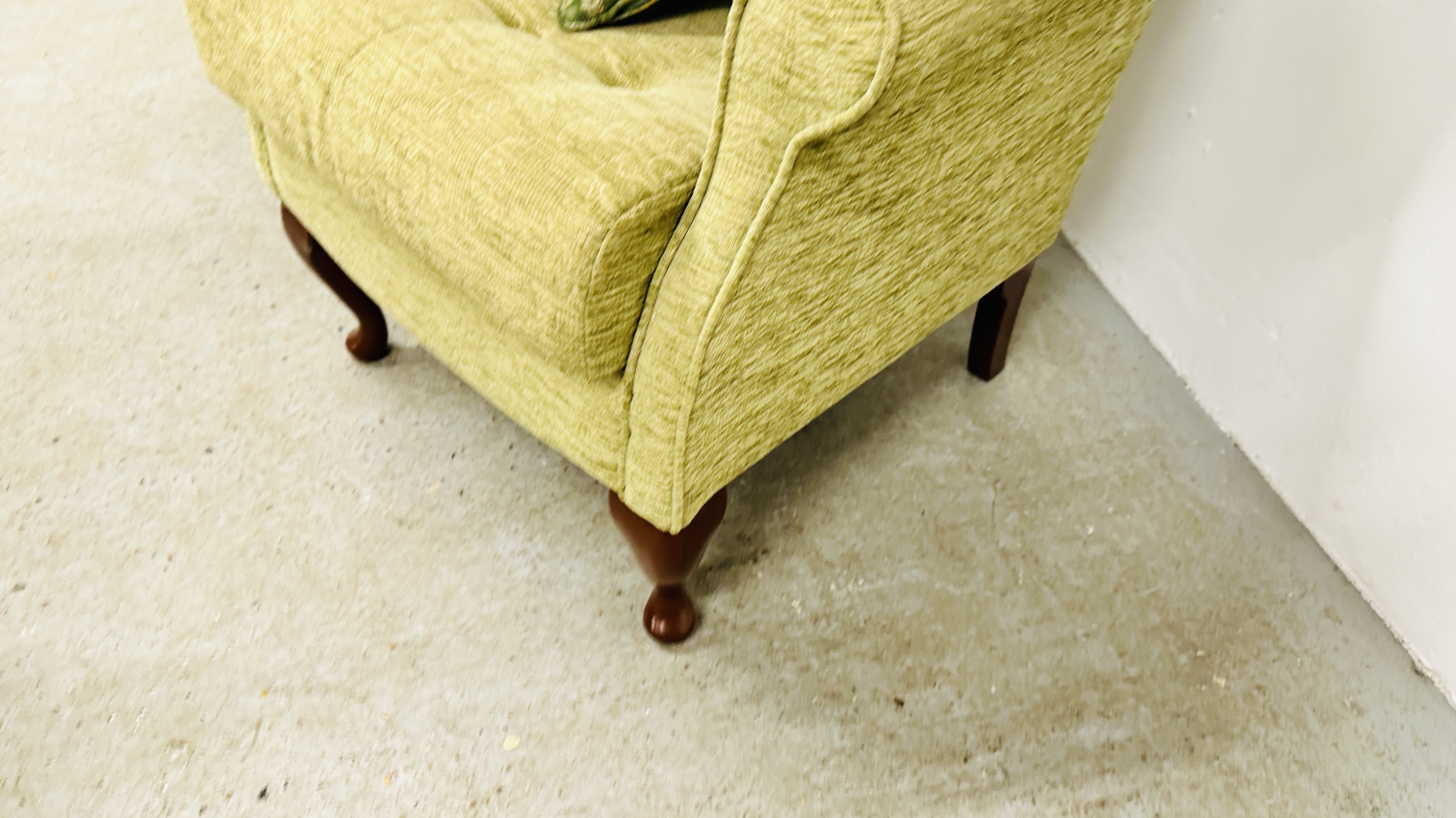 A PAIR OF SHERBORNE GREEN UPHOLSTERED WINGED EASY CHAIRS. - Image 8 of 10