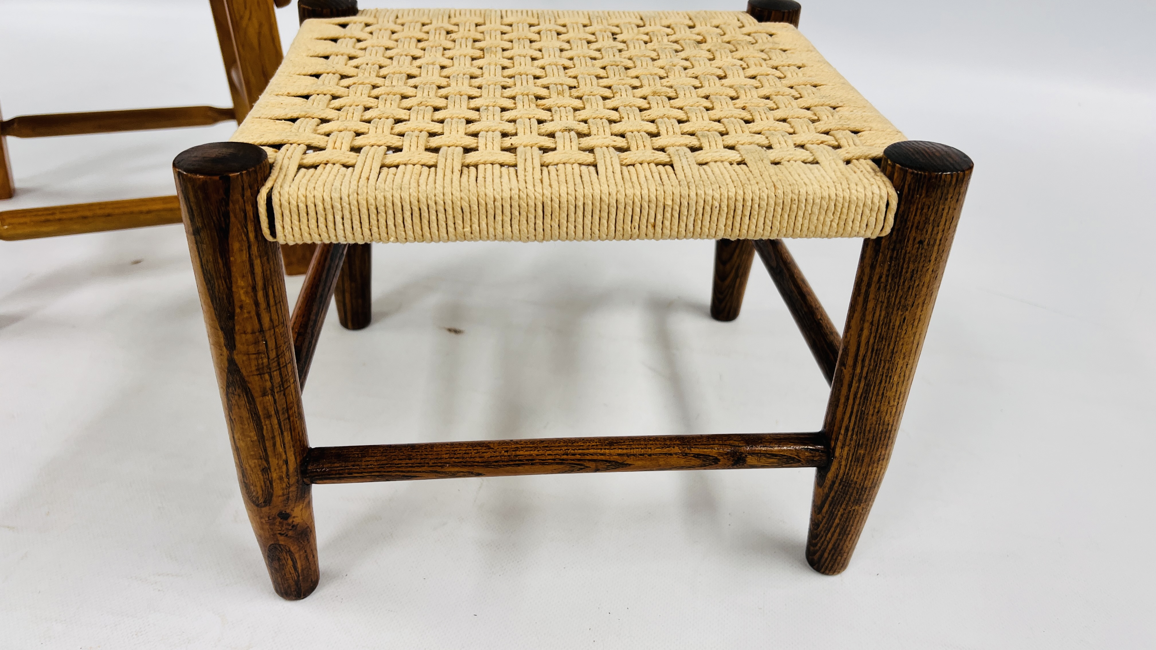 A HANDMADE SOLID OAK CHILD'S CHAIR AND SMALL OAK STOOL WITH WOVEN SEAT. - Image 9 of 9