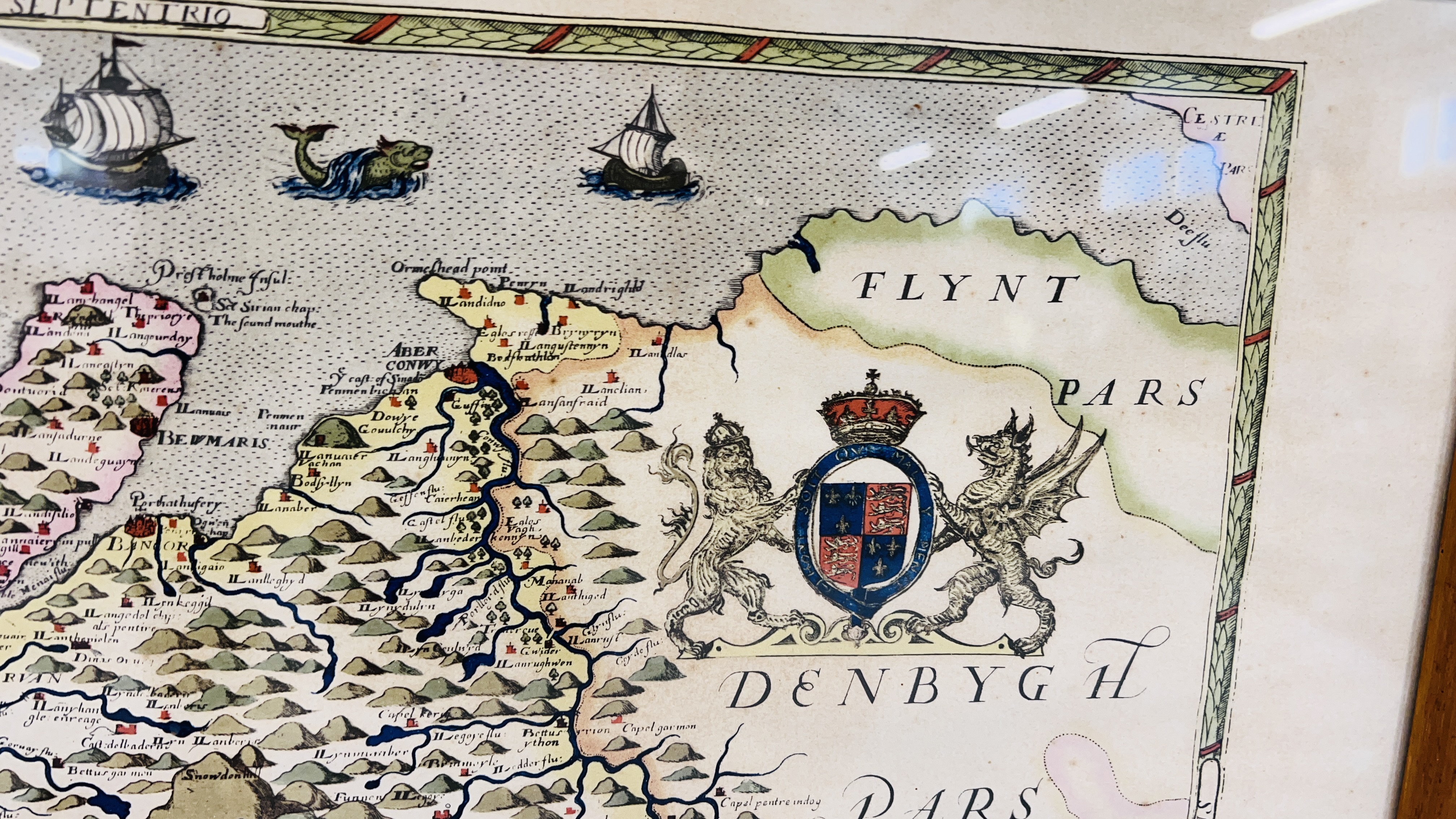 A VINTAGE FRAMED COLOURED MAP "SAXTONS MAP OF CAERNARDONSHIRE AND ANGLESEY" W 57 X H 47CM. - Image 4 of 8