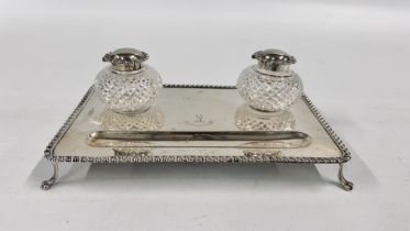 AN ANTQUE SILVER DOUBLE INK STAND RETAINING THE ORIGINAL HOBNAIL GLASS SILVER TOP INKWELLS,