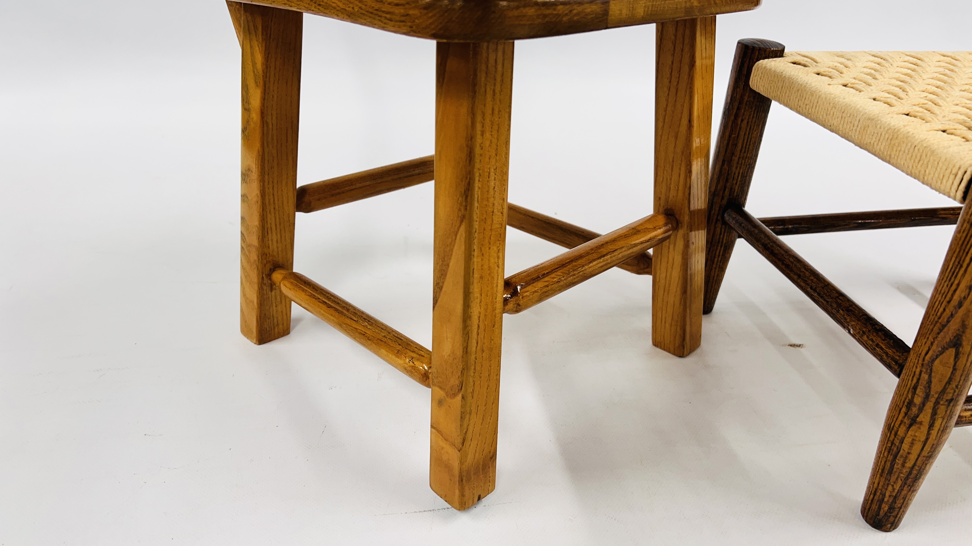 A HANDMADE SOLID OAK CHILD'S CHAIR AND SMALL OAK STOOL WITH WOVEN SEAT. - Image 5 of 9