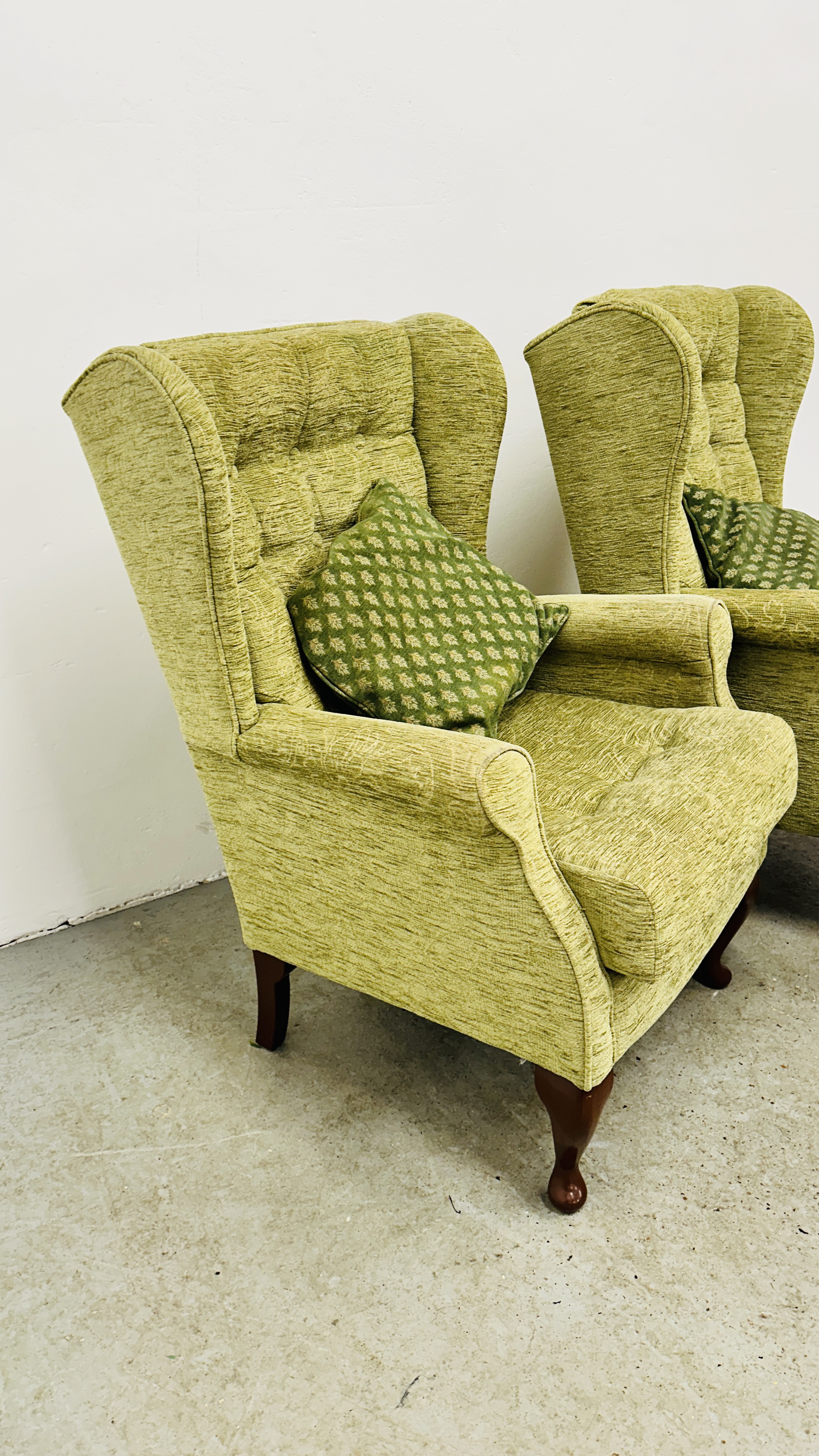 A PAIR OF SHERBORNE GREEN UPHOLSTERED WINGED EASY CHAIRS. - Image 3 of 10