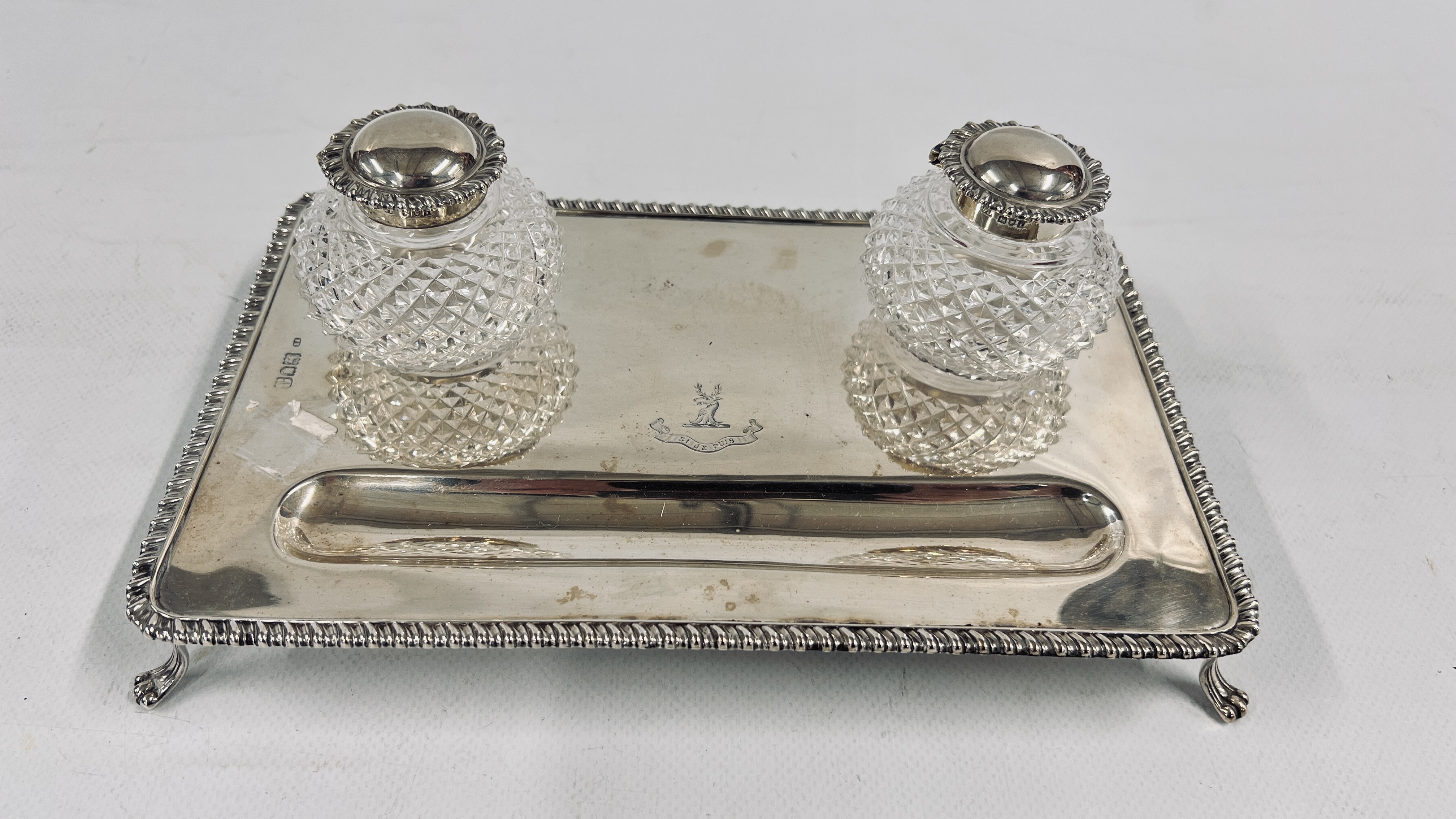 AN ANTQUE SILVER DOUBLE INK STAND RETAINING THE ORIGINAL HOBNAIL GLASS SILVER TOP INKWELLS, - Image 8 of 19