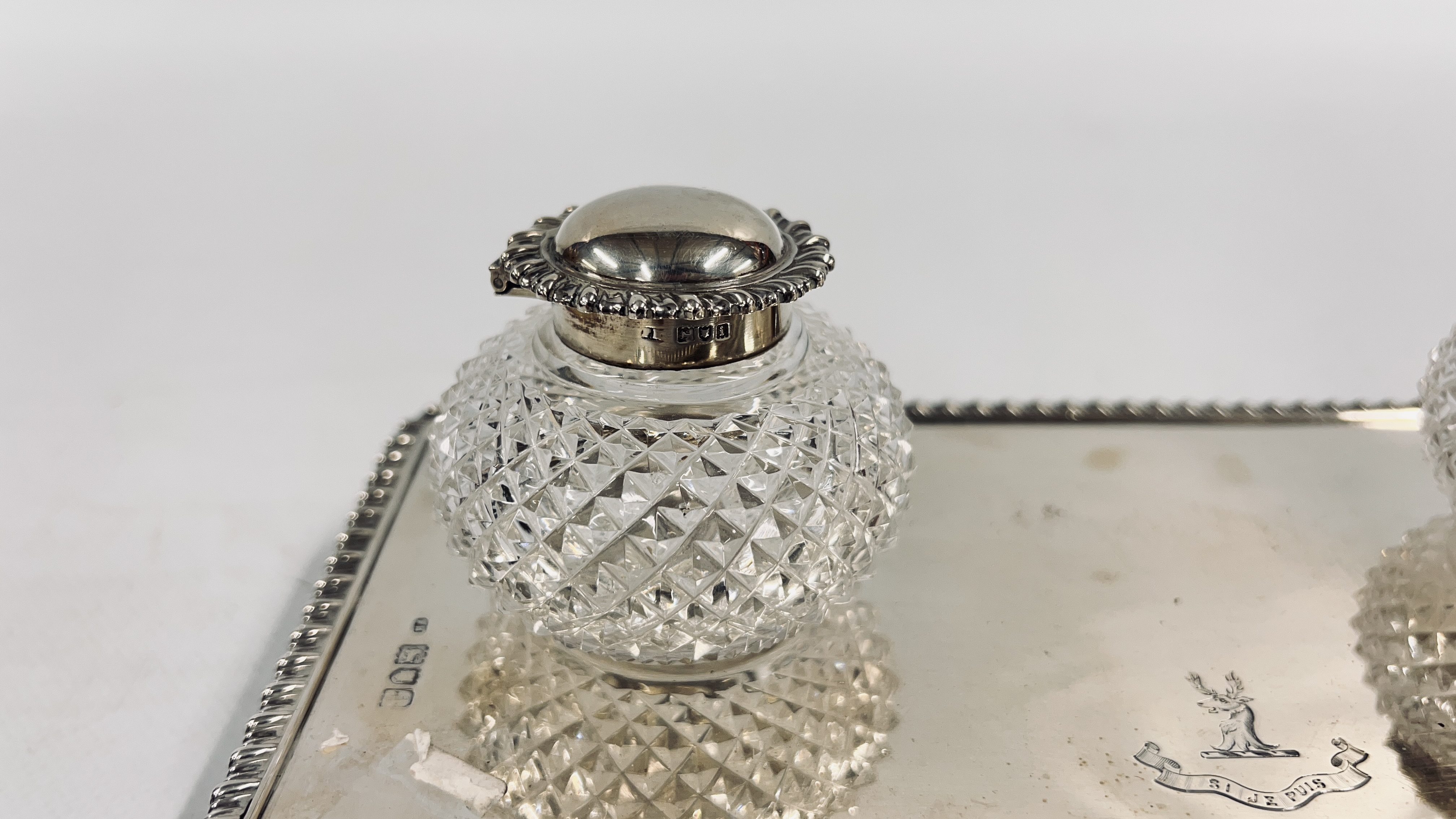 AN ANTQUE SILVER DOUBLE INK STAND RETAINING THE ORIGINAL HOBNAIL GLASS SILVER TOP INKWELLS, - Image 2 of 19