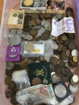 COINS: TUB OF MIXED COINS INCLUDING GB 1951 CROWN IN BOX, A FEW BADGES ETC.