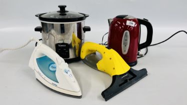A TOWER SLOW COOKER, RUSSELL HOBBS KETTLE, TEFAL IRON AND A K'ARCHER WINDOW VACUUM - SOLD AS SEEN.