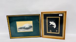 A FRAMED ORIENTAL MOTHER OF PEARL CARVING OF CARP AND A FRAMED JAPANESE METAL CARVING OF A MOUNTAIN.