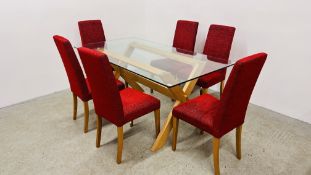 A MODERN LIGHT OAK GLASS TOP DESIGNER DINING TABLE AND A SET OF 6 RED UPHOLSTERED DINING CHAIRS L