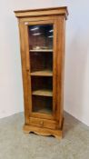 AN ANTIQUE WAXED PINE FULL HEIGHT CABINET WITH DRAWER TO BASE, W 69CM X D 40CM X H 188CM.