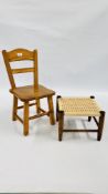 A HANDMADE SOLID OAK CHILD'S CHAIR AND SMALL OAK STOOL WITH WOVEN SEAT.