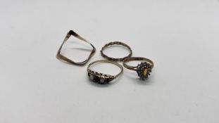 A GROUP OF 4 9CT GOLD RINGS TO INCLUDE A GARNET AND OPAL EXAMPLE.