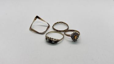 A GROUP OF 4 9CT GOLD RINGS TO INCLUDE A GARNET AND OPAL EXAMPLE.