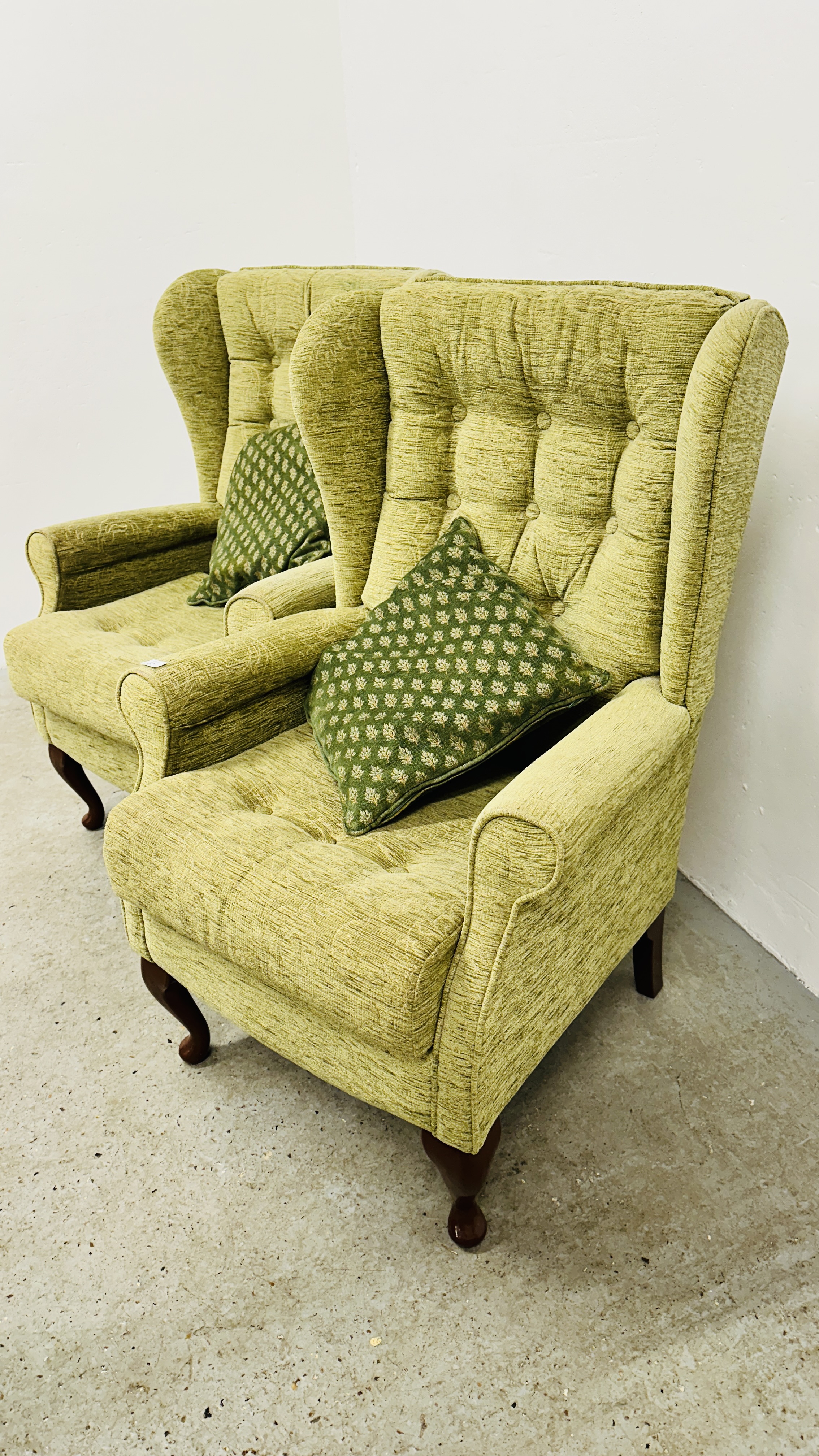 A PAIR OF SHERBORNE GREEN UPHOLSTERED WINGED EASY CHAIRS. - Image 5 of 10