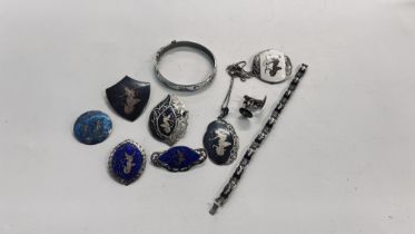 A GROUP OF EASTERN SILVER AND WHITE METAL ENAMELLED JEWELLERY, BANGLE, CUFF LINKS ETC.