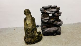 STONE EFFECT GARDEN WATER FEATURE (REQUIRES NEW PUMP) AND STONEWORK FIGURE SEATED GIRL.