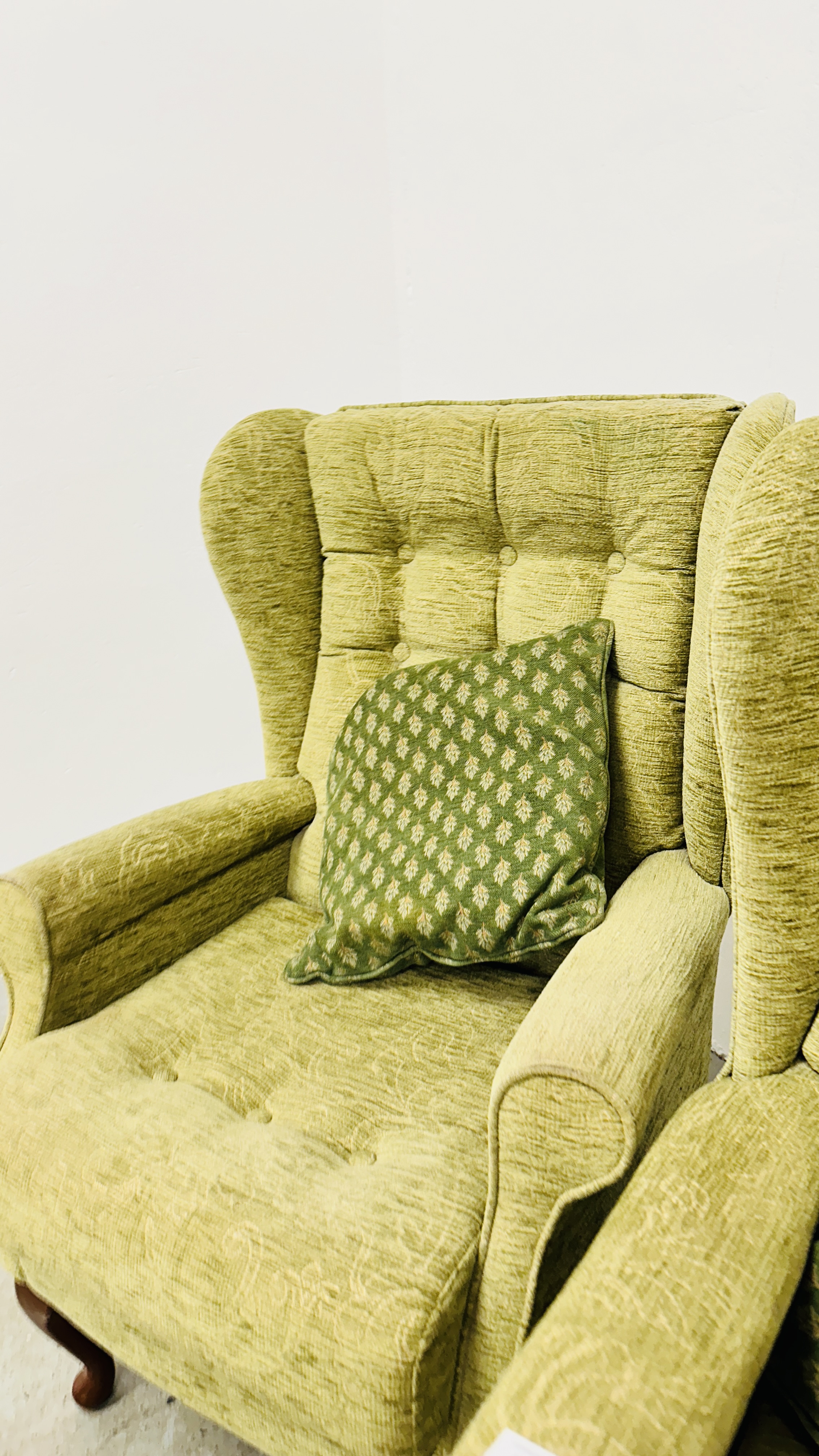 A PAIR OF SHERBORNE GREEN UPHOLSTERED WINGED EASY CHAIRS. - Image 10 of 10