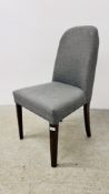 A MODERN GREY UPHOLSTERED SIDE CHAIR.