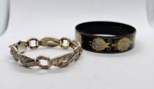 AN ELABORATE VINTAGE SILVER MACASITE BRACELET MARKED "FAHRNER" ALONG WITH A BLACK ENAMELED BANGLE