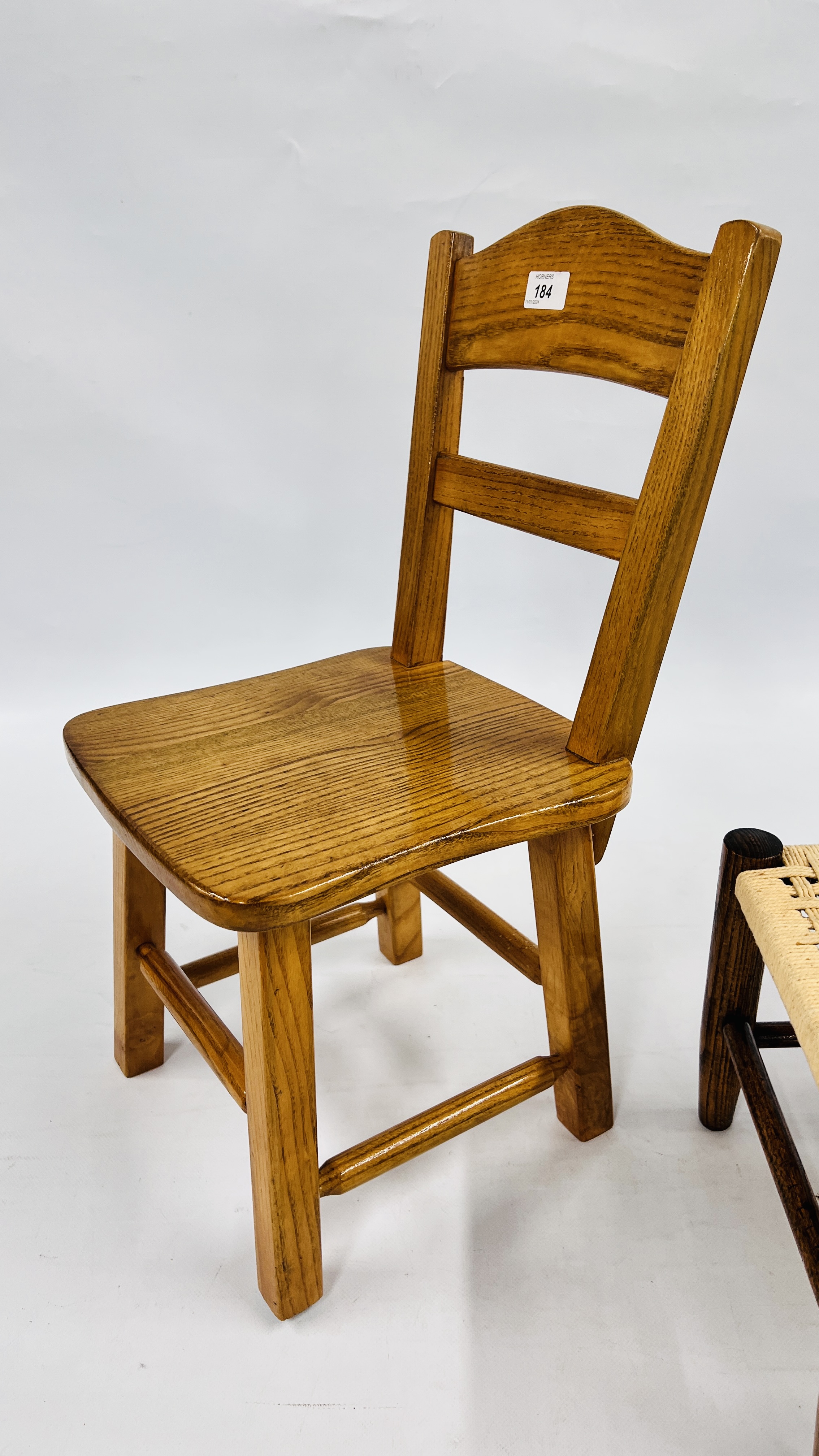 A HANDMADE SOLID OAK CHILD'S CHAIR AND SMALL OAK STOOL WITH WOVEN SEAT. - Image 6 of 9