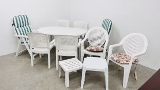 A GROUP OF WHITE UPVC GARDEN FURNITURE TO INCLUDE TABLE AND FOUR CHAIRS,