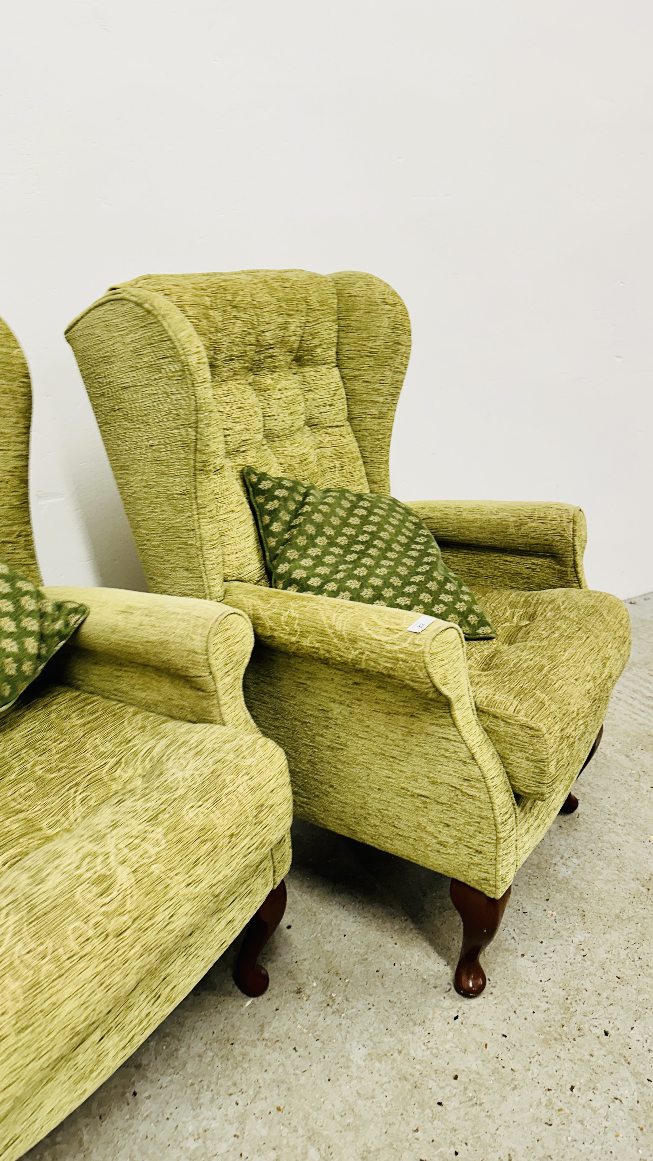 A PAIR OF SHERBORNE GREEN UPHOLSTERED WINGED EASY CHAIRS. - Image 4 of 10