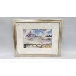 A FRAMED AND MOUNTED WATERCOLOUR "LAP THE CREEK" BEARING ARTIST LABEL BRUCE CLARK TO REVERSE W 34CM