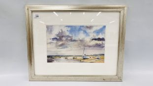 A FRAMED AND MOUNTED WATERCOLOUR "LAP THE CREEK" BEARING ARTIST LABEL BRUCE CLARK TO REVERSE W 34CM