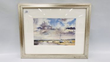 A FRAMED AND MOUNTED WATERCOLOUR "LAP THE CREEK" BEARING ARTIST LABEL BRUCE CLARK TO REVERSE W 34CM