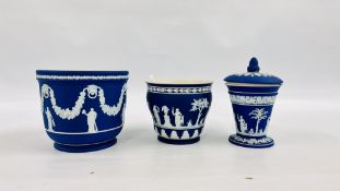 TWO WEDGEWOOD DARK BLUE JASPER WARE JARDINIERES (ONE EXAMPLE HAS A SMALL RIM CHIP ALONG WITH A