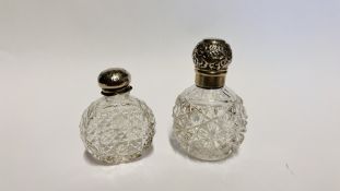 TWO ANTIQUE CUT GLASS SILVER TOPPED SCENT BOTTLE BIRMINGHAM ASSAY 1892 MAKER C.M.