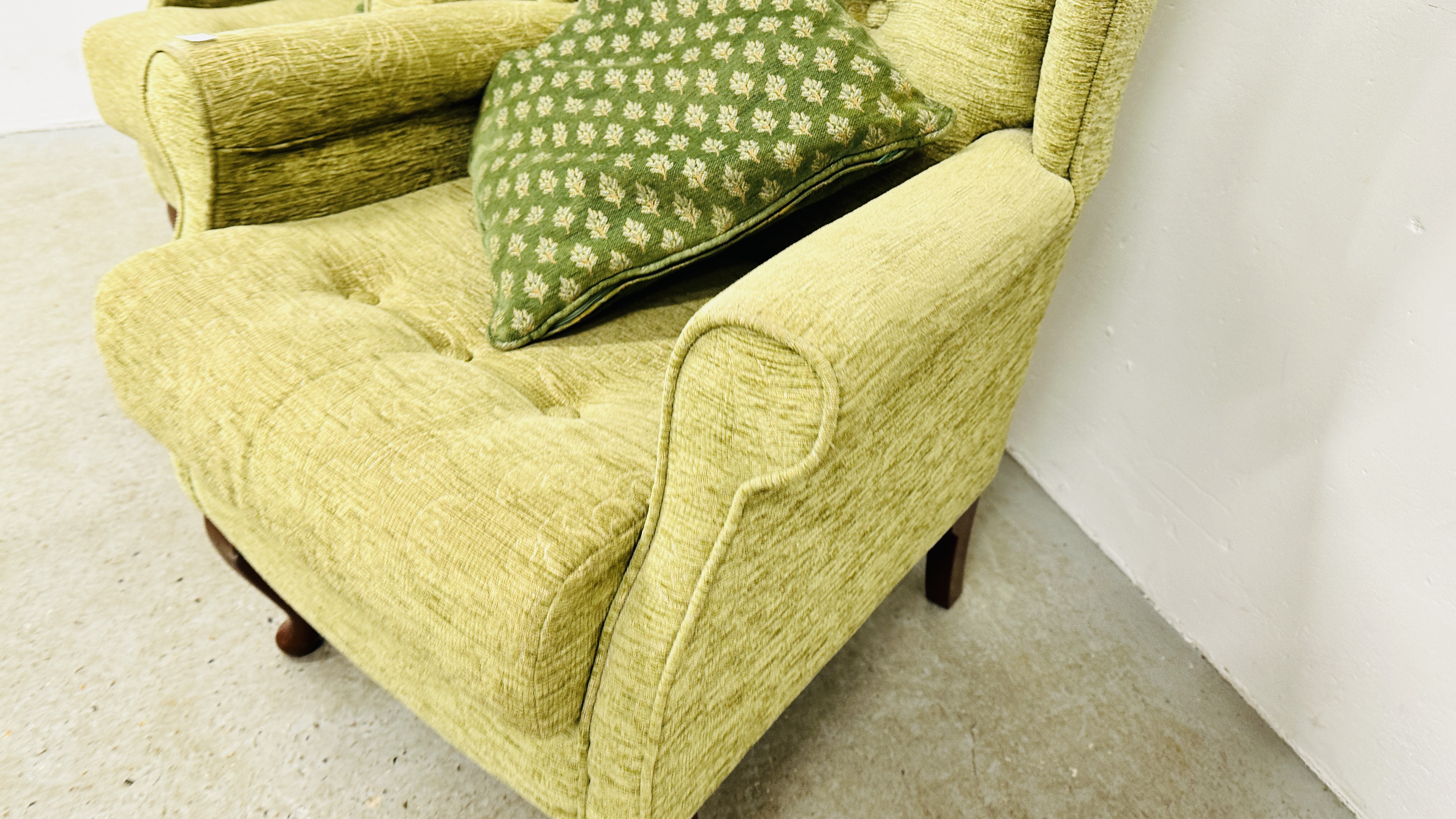 A PAIR OF SHERBORNE GREEN UPHOLSTERED WINGED EASY CHAIRS. - Image 7 of 10