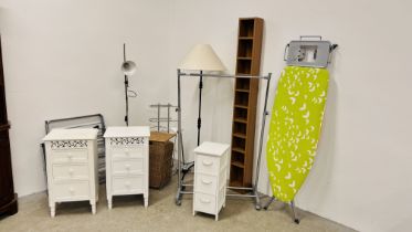 A GROUP OF HOMEMAKERS FURNISHINGS TO INCLUDE PAIR OF WHITE FINISH 3 DRAWER BEDSIDE CHESTS, AIRERS,