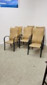 SET OF SIX METAL FRAMED GARDEN CHAIRS WITH WOVEN SEATS AND BACKS.