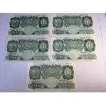 BANKNOTES: BANK OF ENGLAND ONE POUND, O'BRIEN, FIVE EXAMPLES.